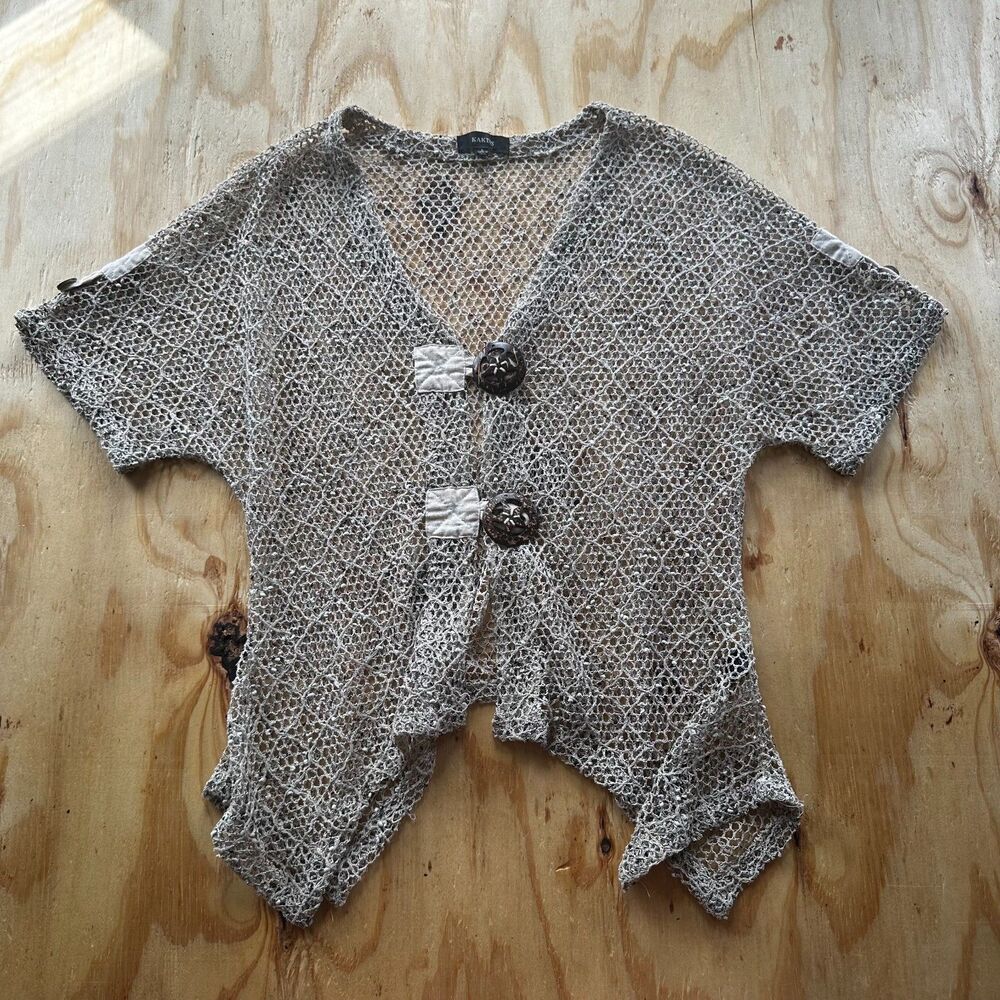 Kaktus Khaki Open Fishnet Knit Short Sleeve Cardigan - Size L